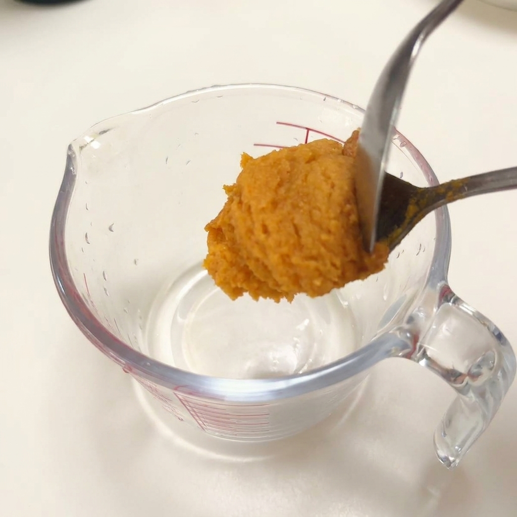 Una cuchara de metal dejando caer una porción de pasta de miso en una jarra medidora de cristal con condimentos líquidos.
