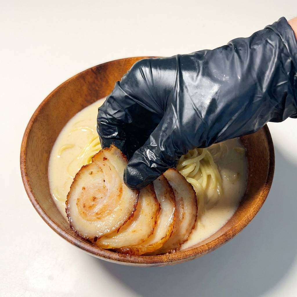 Mano colocando lonchas de cerdo chashu sellado sobre los fideos ramen en un bol.