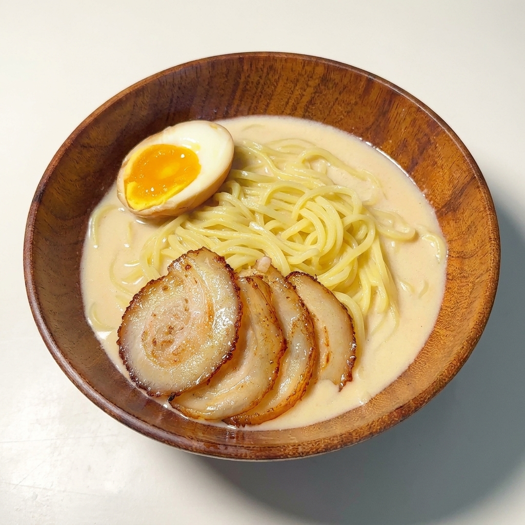 Bol de ramen con chashu y medio huevo pasado por agua de yema cremosa.