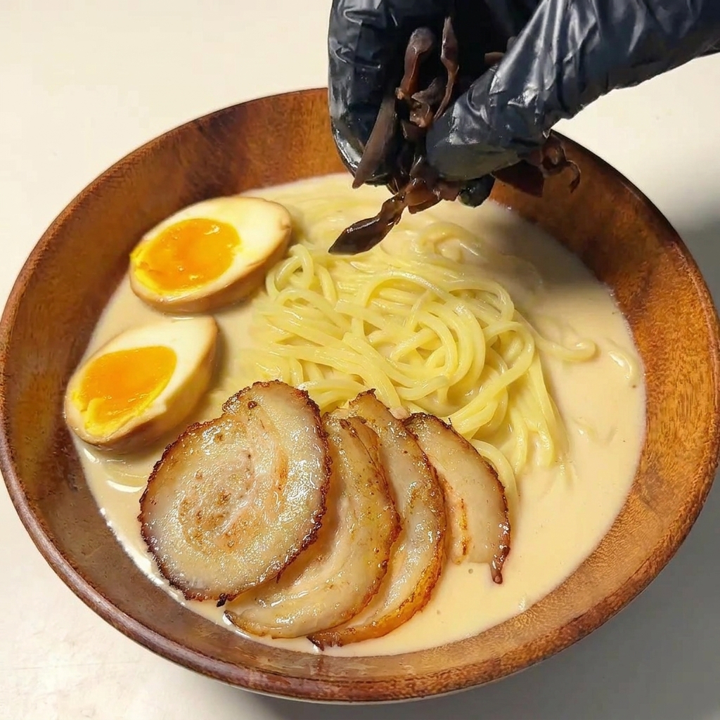 Mano soltando setas oreja de madera en tiras en el bol de ramen tonkotsu.