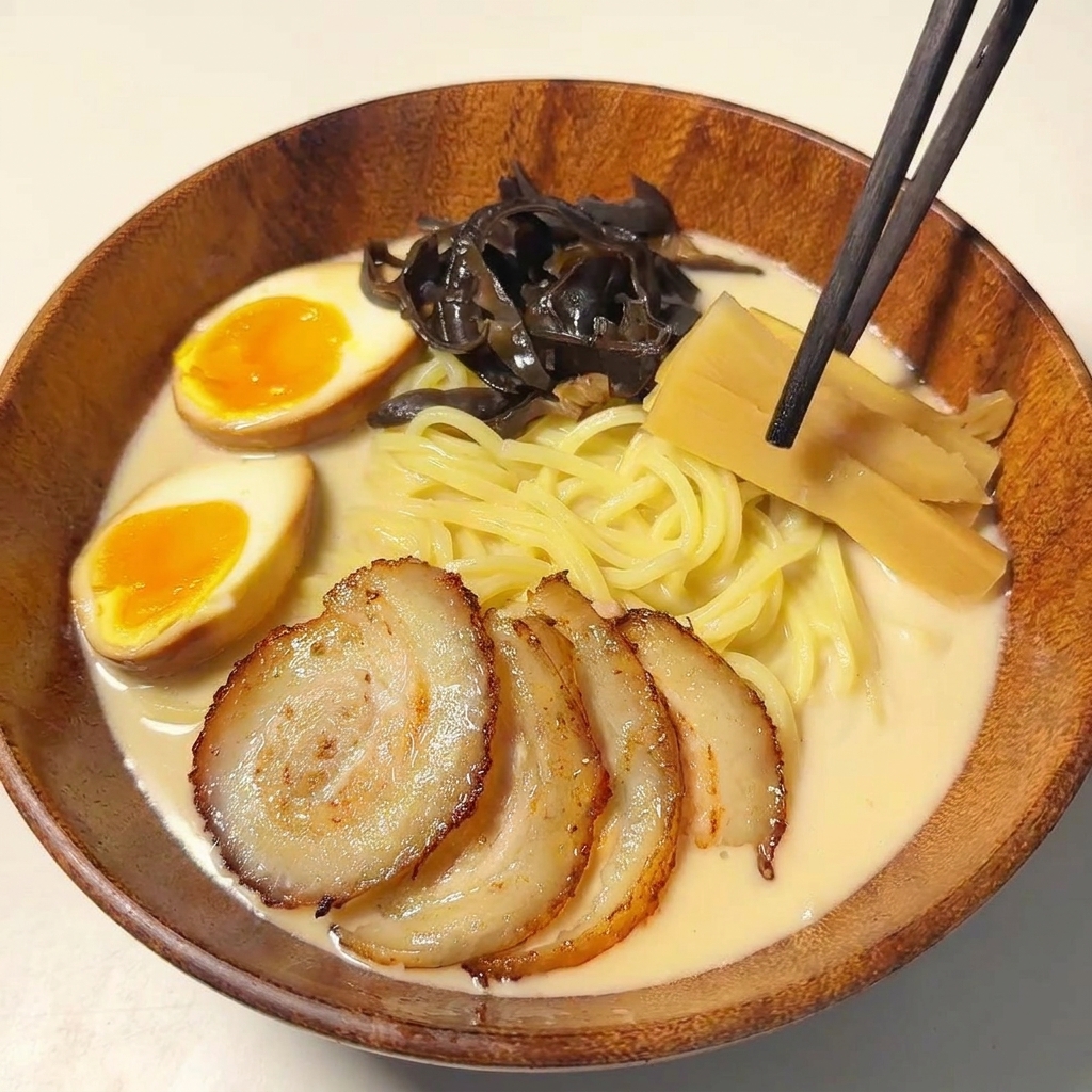 Palillos colocando láminas de bambú en el ramen.