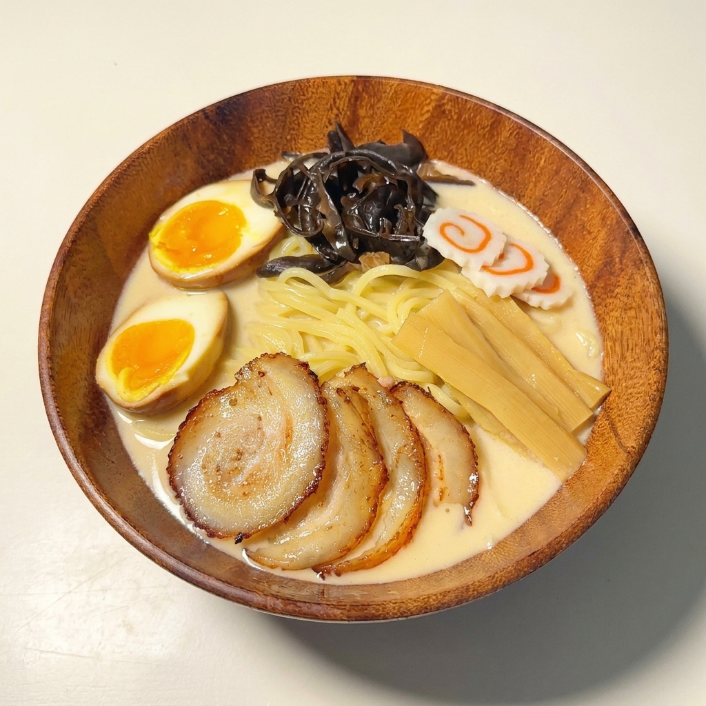 Rodajas de narutomaki colocadas sobre el rico ramen.