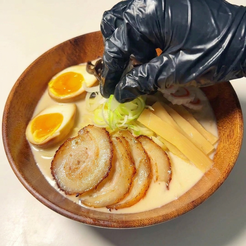 Mano espolvoreando cebolleta picada sobre el ramen terminado.