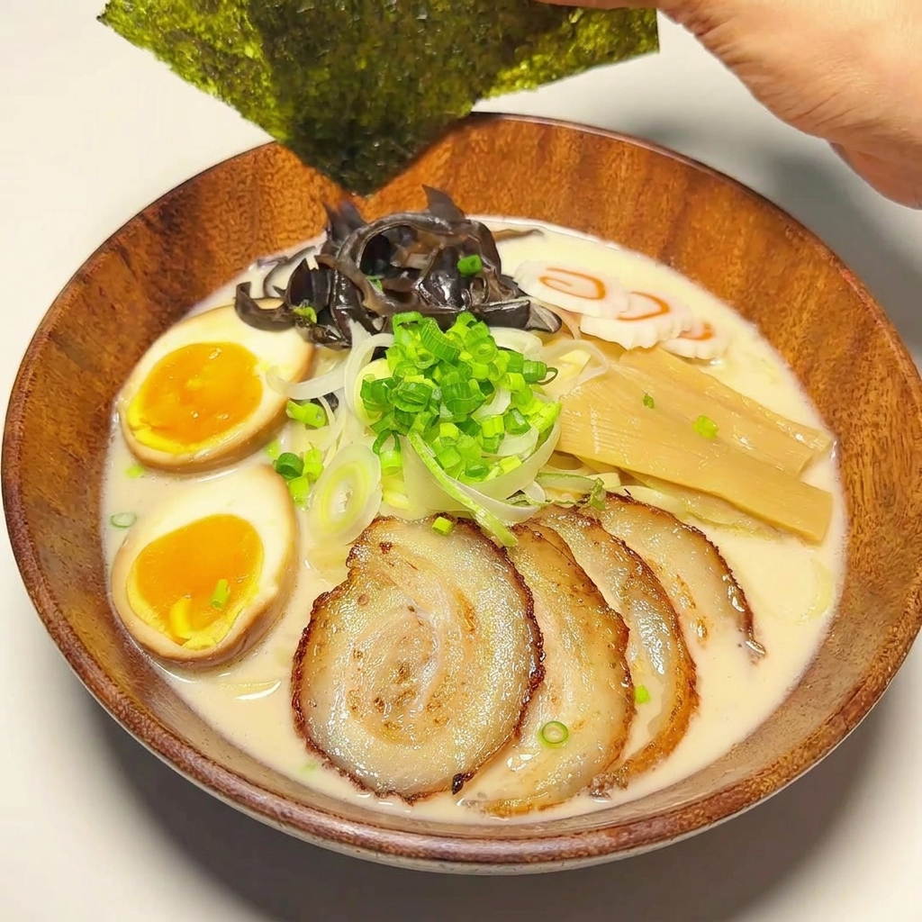 Colocando láminas de alga nori en el borde del bol de ramen decorado.