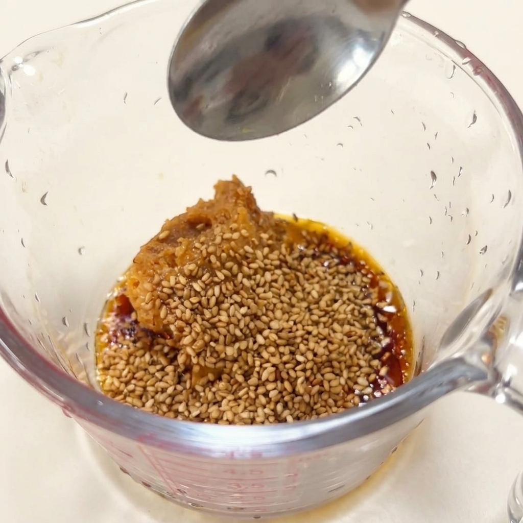 Jarra medidora de cristal con pasta de miso y semillas de sésamo tostadas, con una cuchara encima.