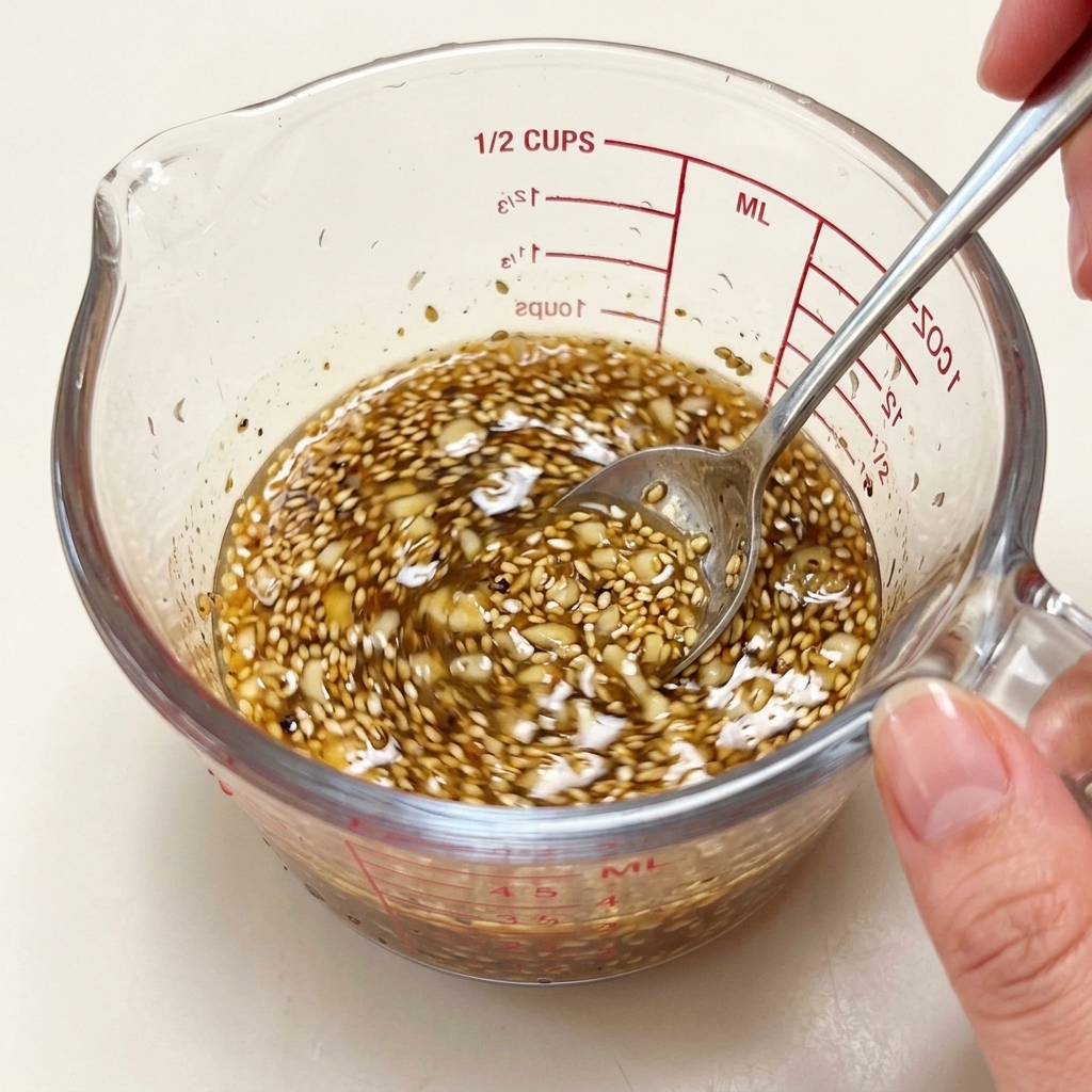 Una mano usando una cuchara de metal para remover una mezcla de caldo caliente, sésamo y condimentos.