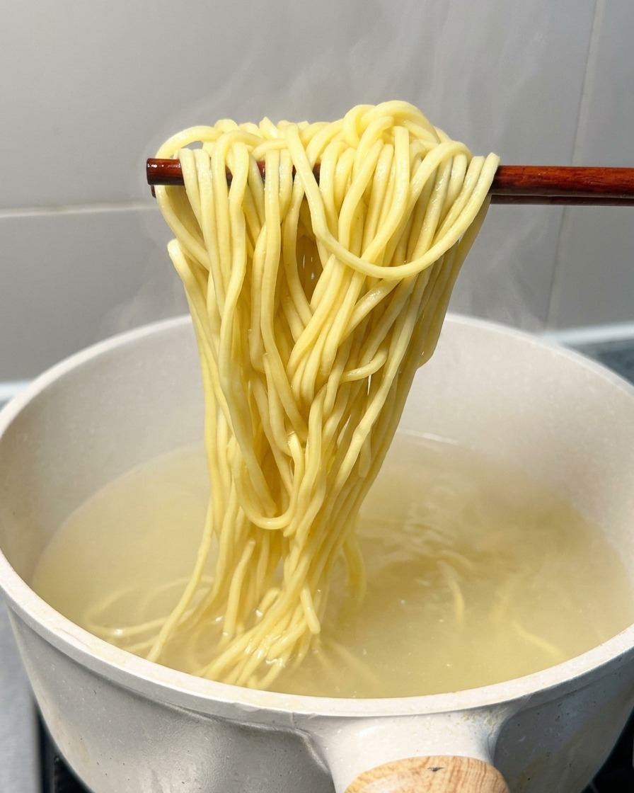 Una porción generosa de fideos ramen amarillos cocidos siendo levantada de una olla con palillos de madera.