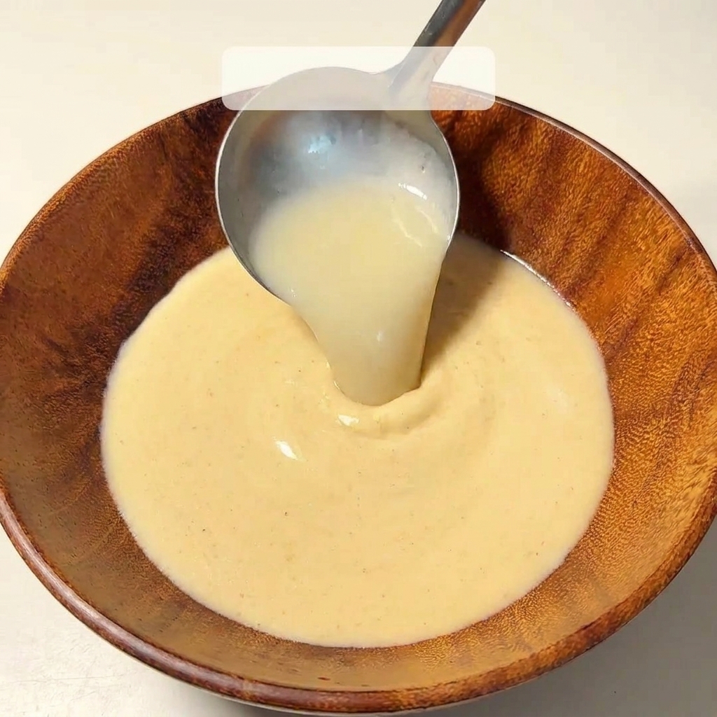 Un cazo de metal vertiendo caldo tonkotsu cremoso en un bol de madera.