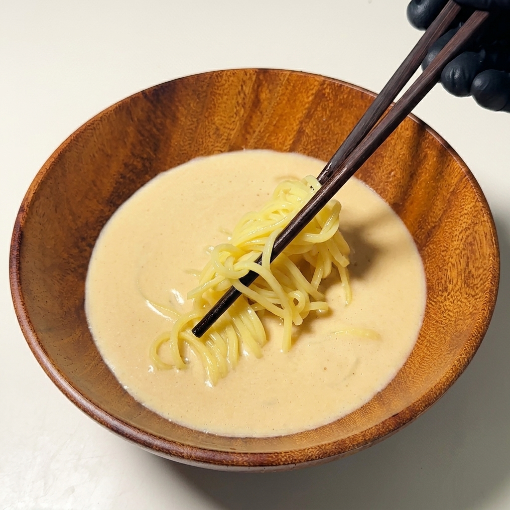 Una mano con guante usando palillos oscuros para colocar fideos ramen en el caldo cremoso.