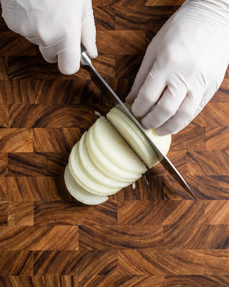 Manos con guantes usando un cuchillo de chef para cortar finamente media cebolla blanca sobre una tabla de madera.