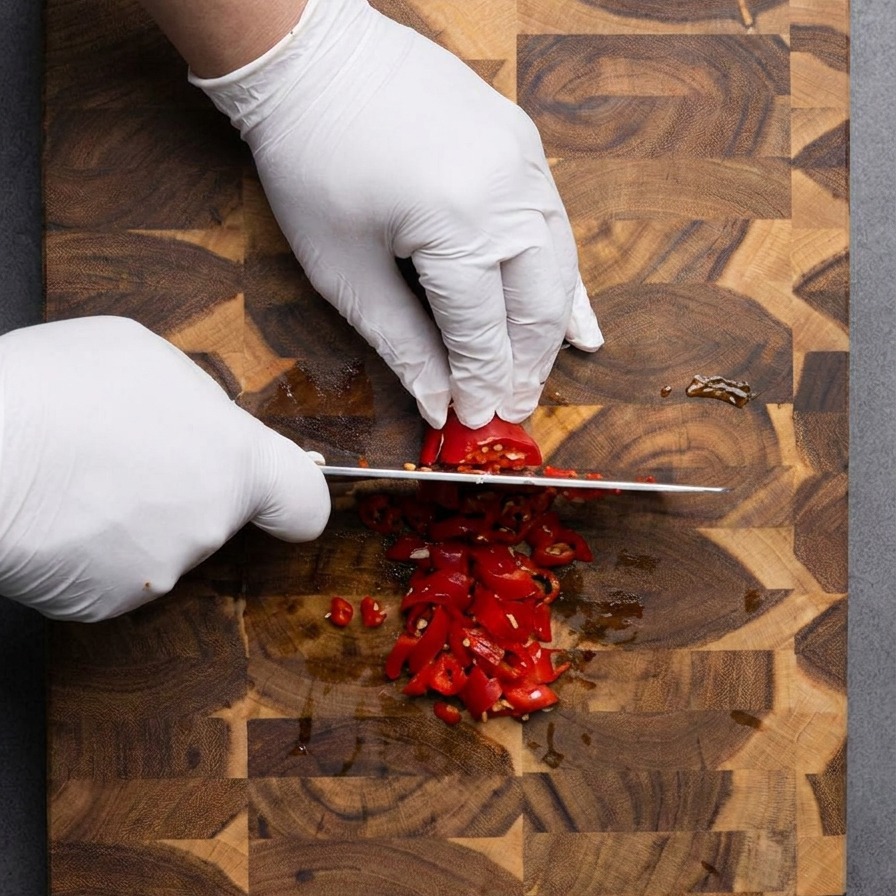 Manos con guantes picando finamente chiles rojos brillantes con un cuchillo sobre una tabla de madera.