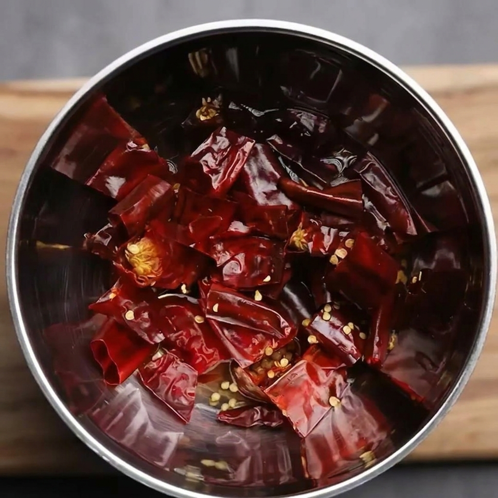Un pequeño bol de acero inoxidable lleno de chiles rojos secos enteros que han estado a remojo en agua.