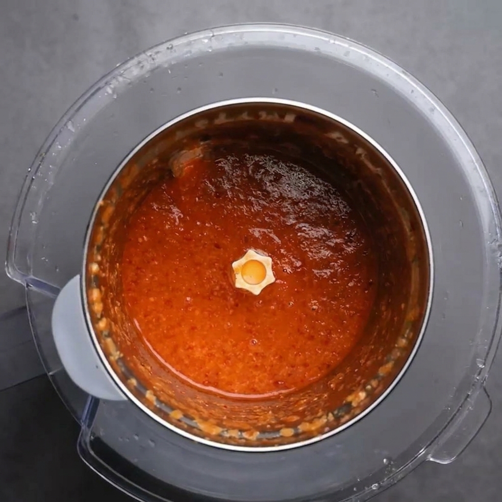 Una pasta de chile roja brillante, de color profundo y completamente suave dentro de una licuadora.