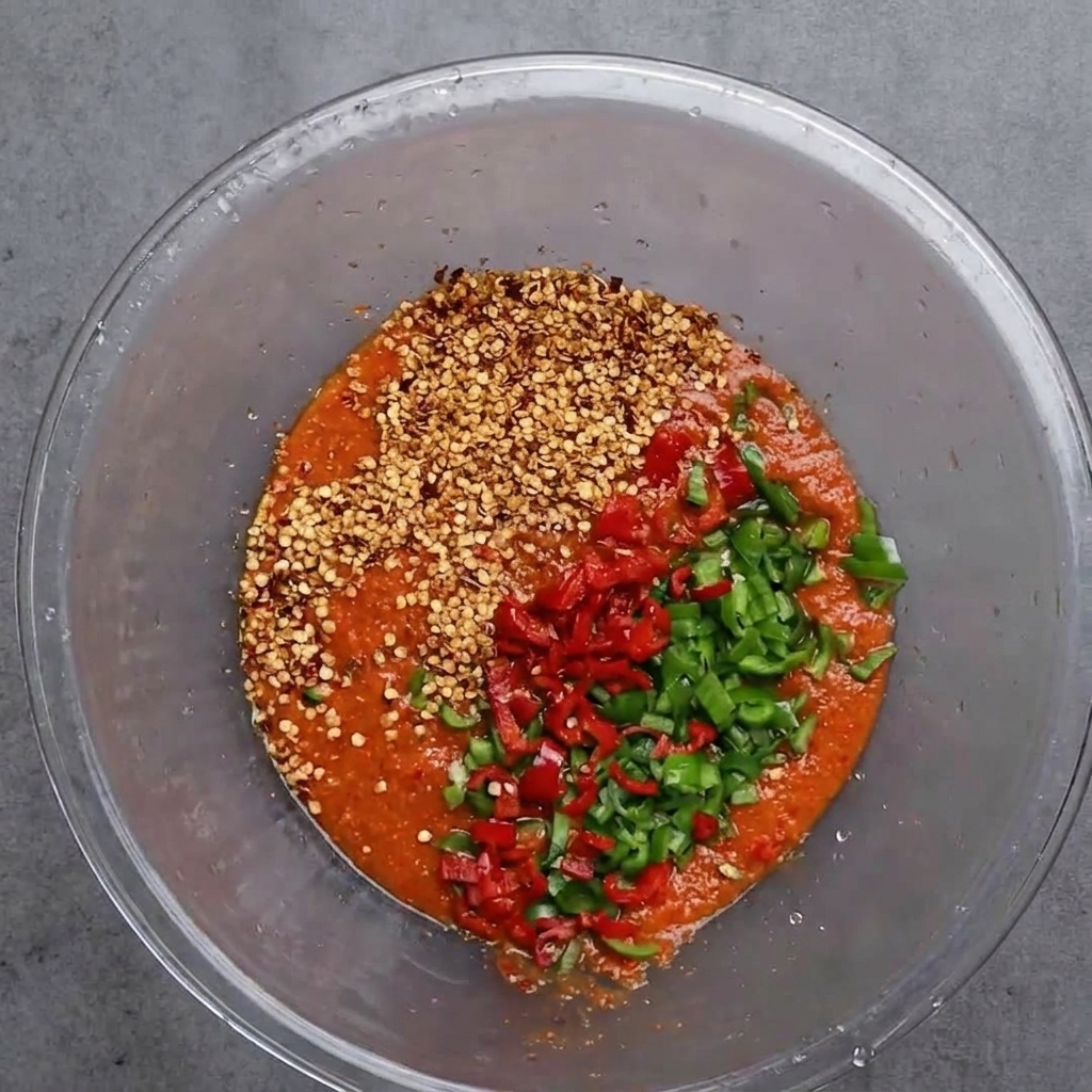 Un bol grande de vidrio con pasta de chile roja, cubierto con chiles frescos picados y semillas de chile.