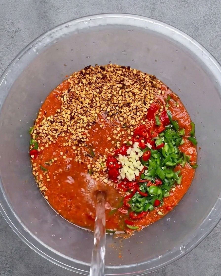 Vertiendo agua clara en un bol de vidrio que contiene pasta de chile roja, ajo picado y chiles troceados.