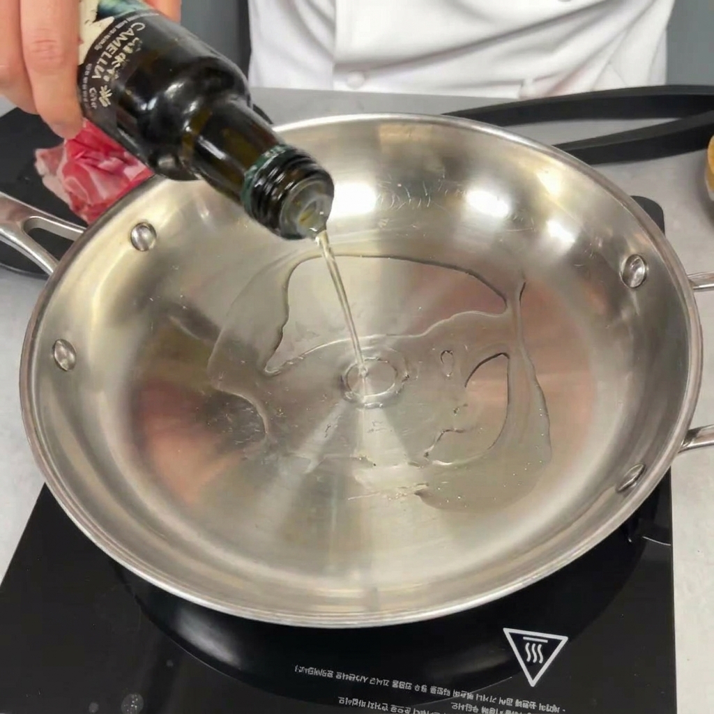 Una botella de vidrio verde vertiendo un chorrito de aceite de cocina en una sartén de acero inoxidable vacía.