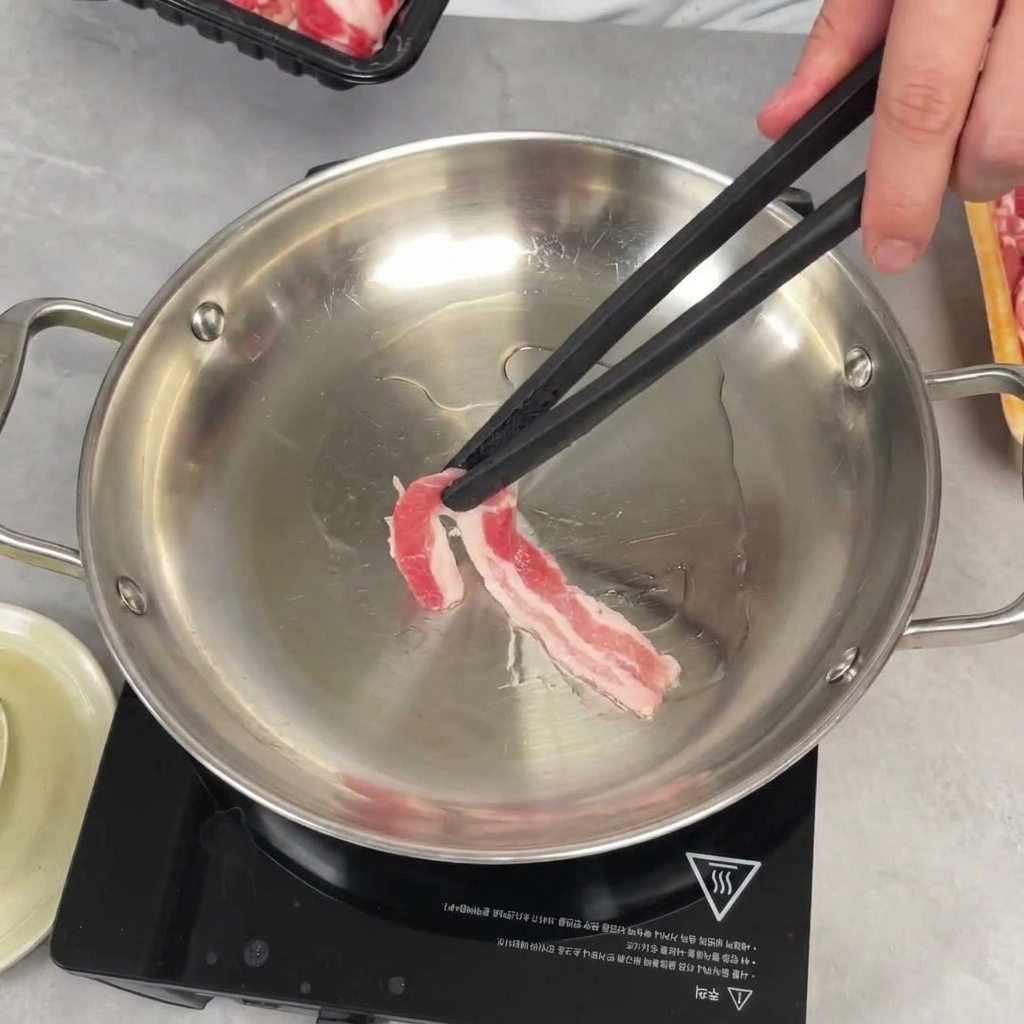 Rebanadas finas de panceta de cerdo cruda colocándose con palillos en una sartén ligeramente aceitada.