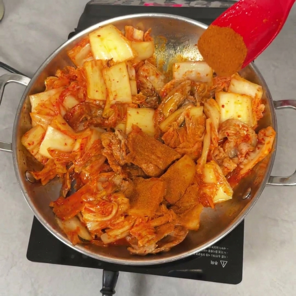 Una espátula roja sosteniendo chile en polvo fino sobre la mezcla de cerdo y kimchi en la sartén.
