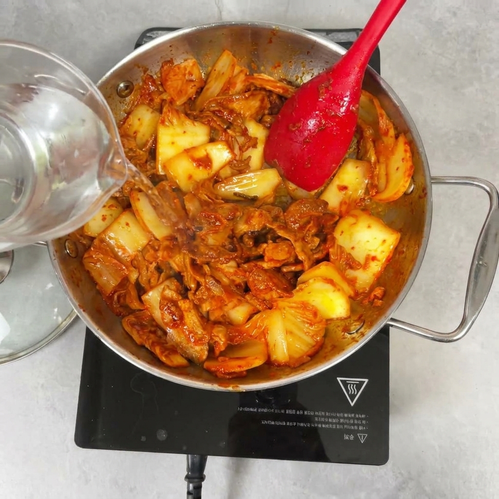 Agua vertiéndose desde una jarra medidora a una sartén con sofrito de kimchi y panceta.