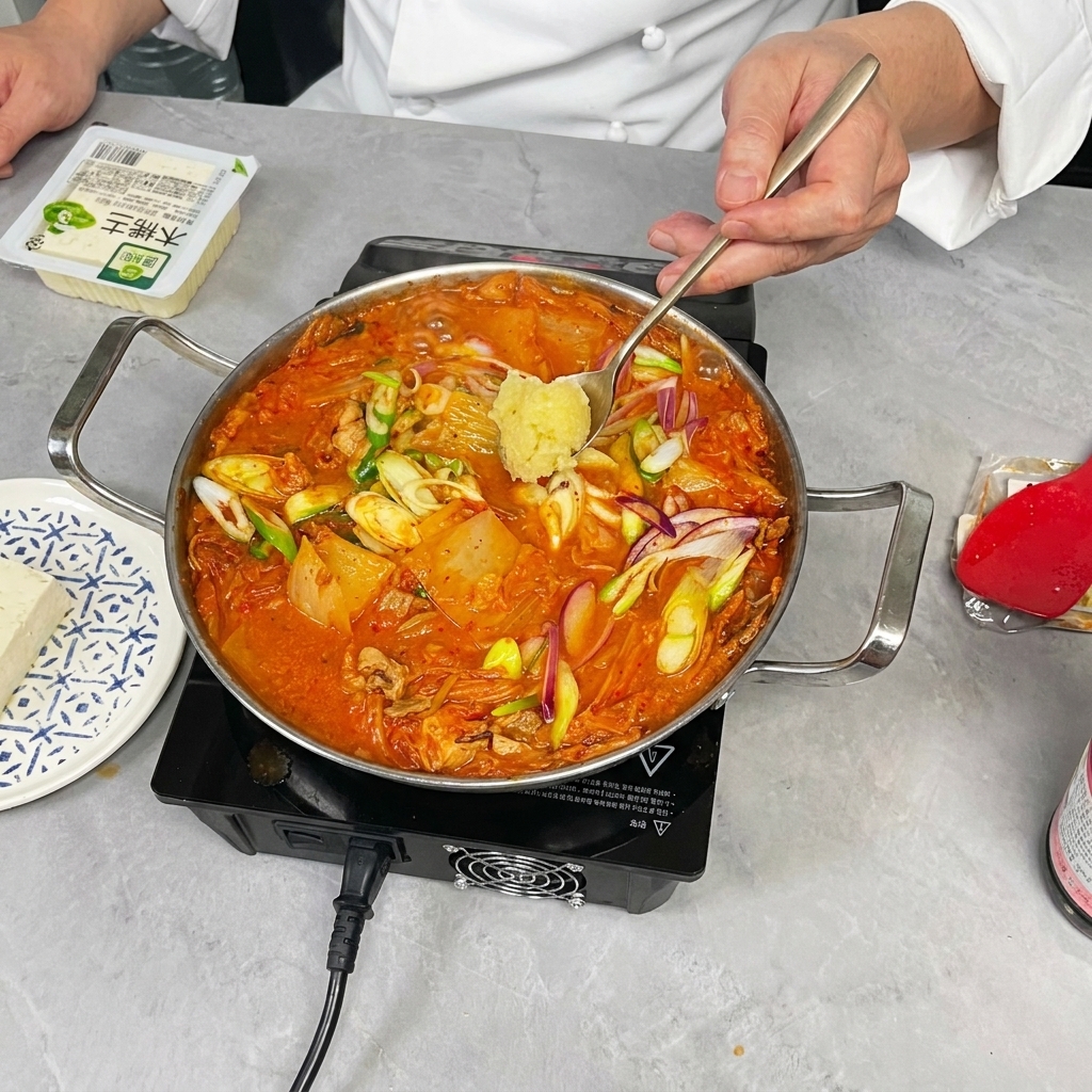 Una mano añadiendo una cucharada de ajo picado a una olla de estofado hirviendo sobre una estufa de inducción.