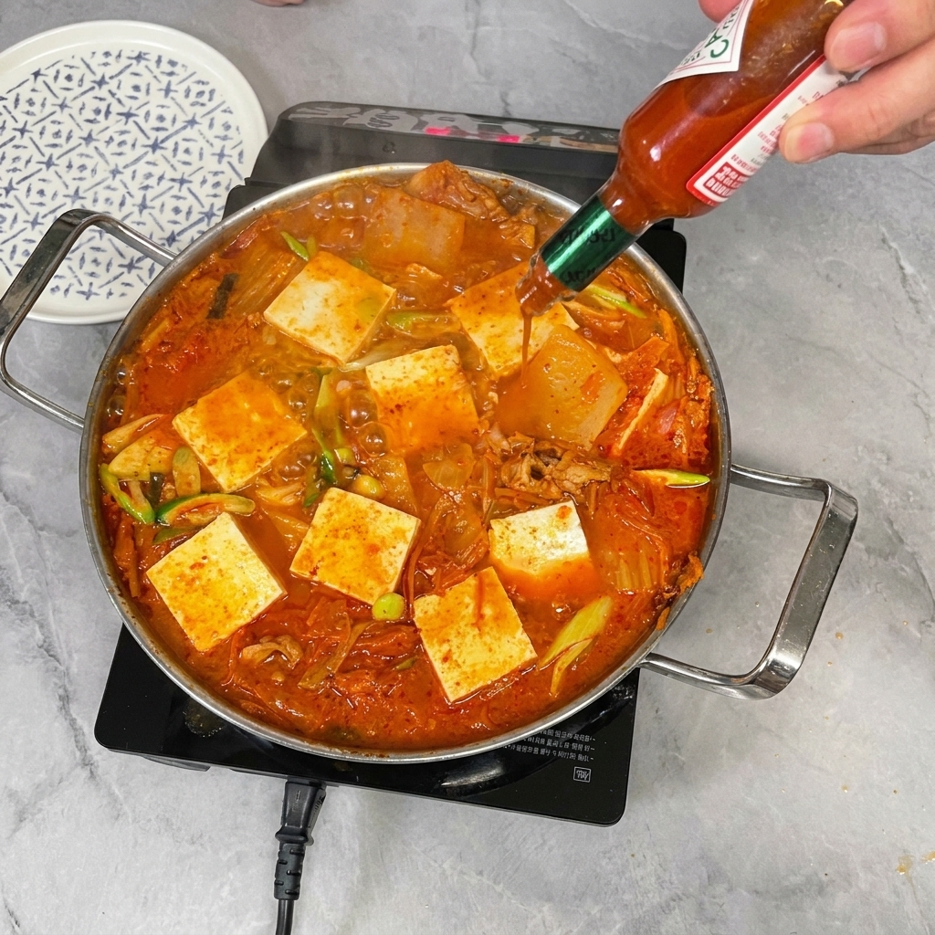 Gotas de salsa picante cayendo desde una botella pequeña directamente al estofado de kimchi con tofu.