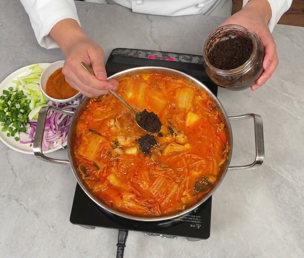 Añadiendo una cucharada de pasta de soja marrón oscuro a la olla de estofado coreano hirviendo.