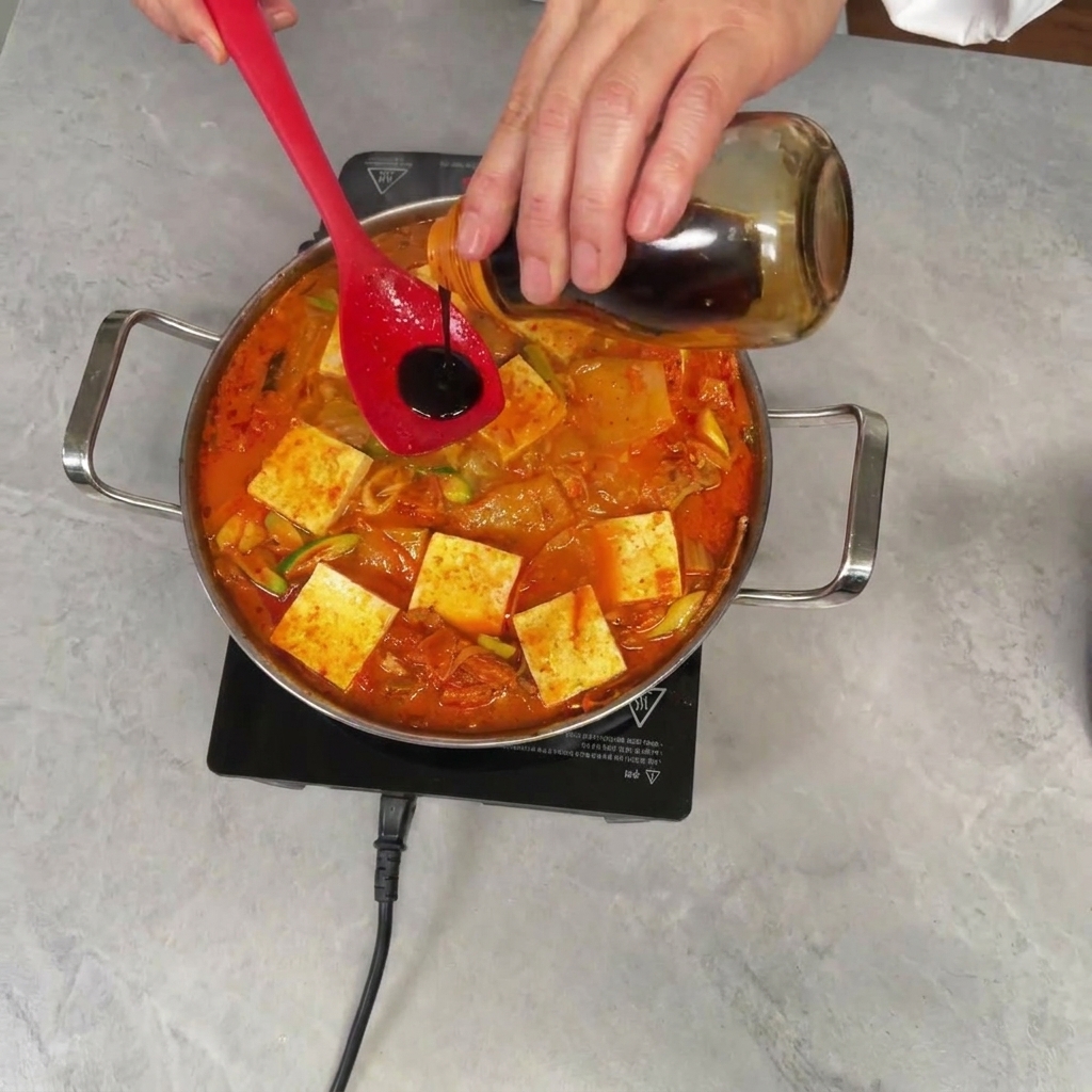 Salsa de soja oscura vertiéndose sobre una espátula roja sostenida sobre la olla de estofado de kimchi.