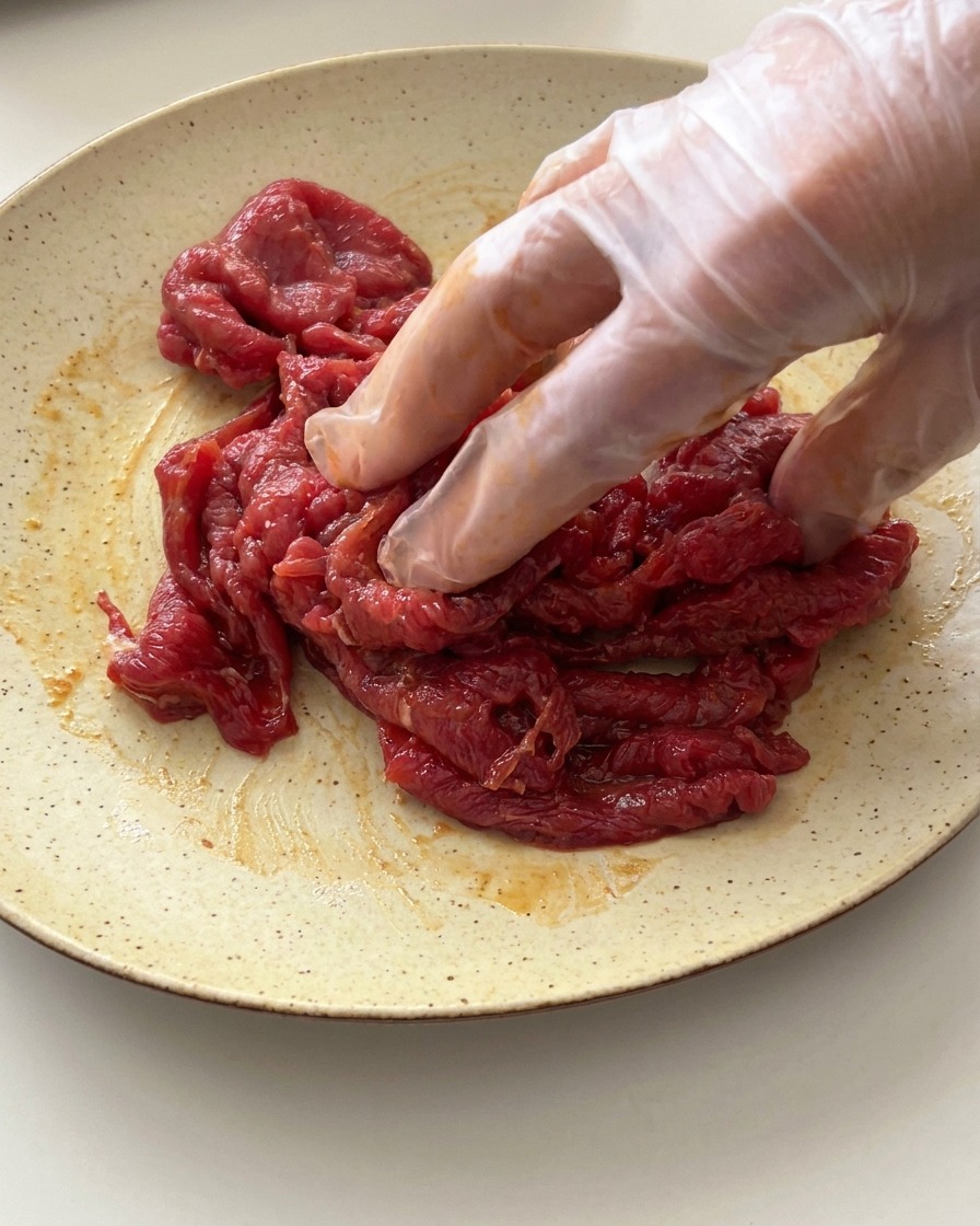 Una mano con guante transparente mezclando la ternera cruda con el marinado oscuro en un plato.