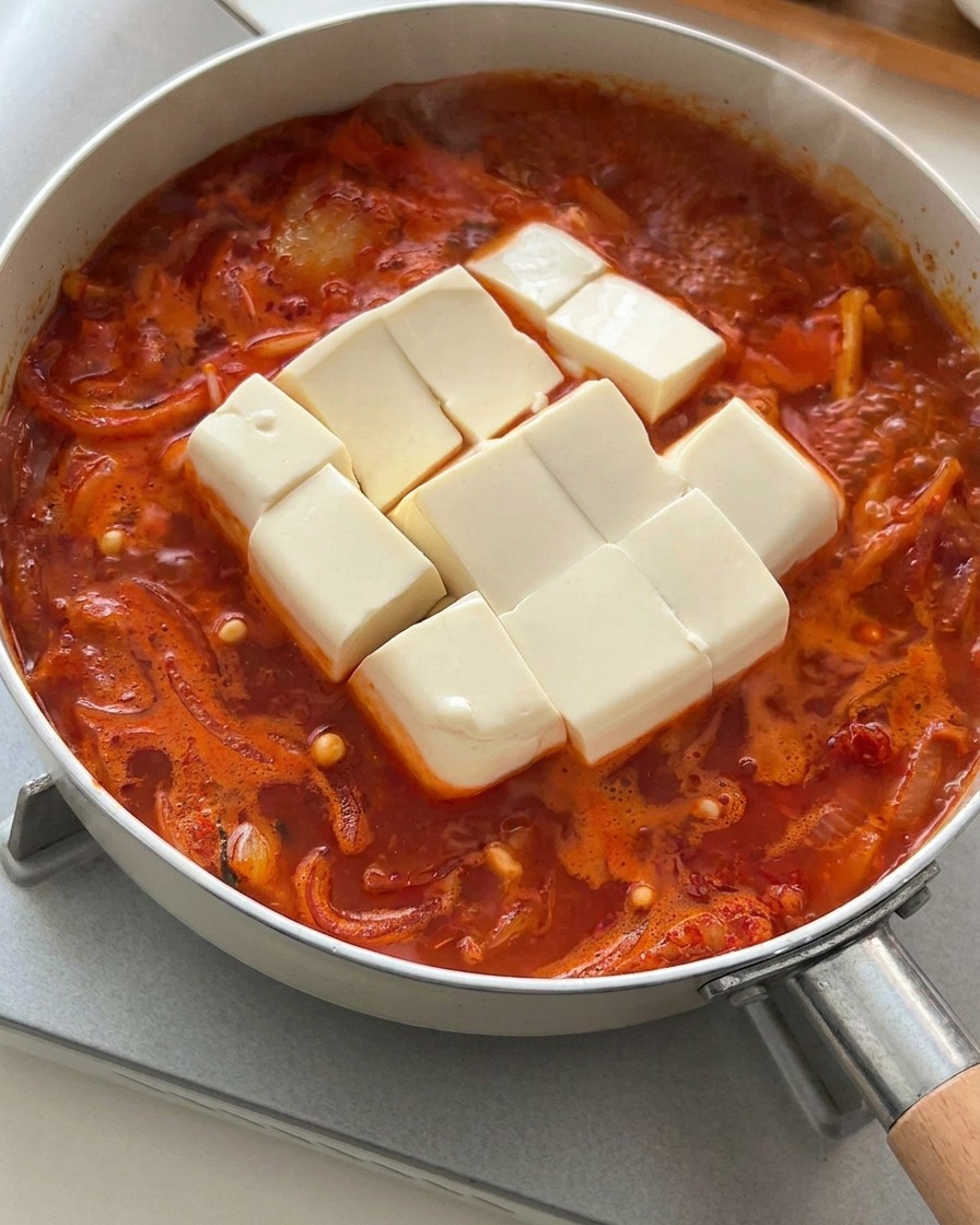 Un bloque de tofu suave cortado en cubos colocándose delicadamente en el estofado hirviendo.