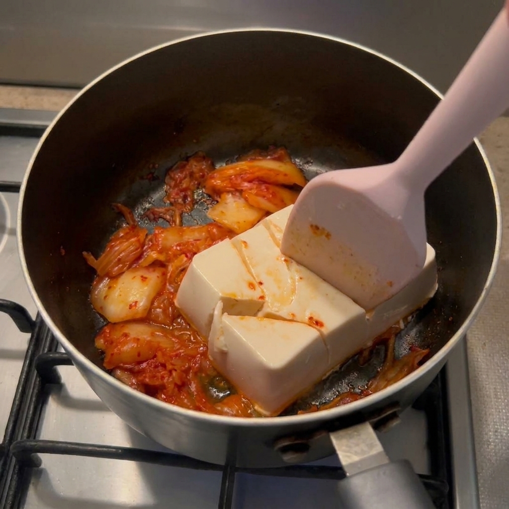 Una espátula presionando un bloque de tofu blanco para romperlo en trozos grandes sobre el kimchi rojo.