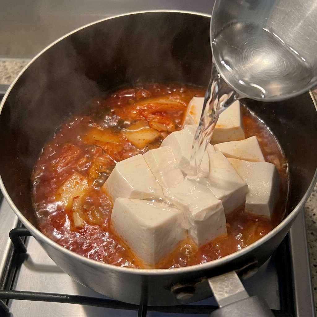 Agua caliente vertiéndose desde un cazo sobre los trozos de tofu y el kimchi rojo en la olla.
