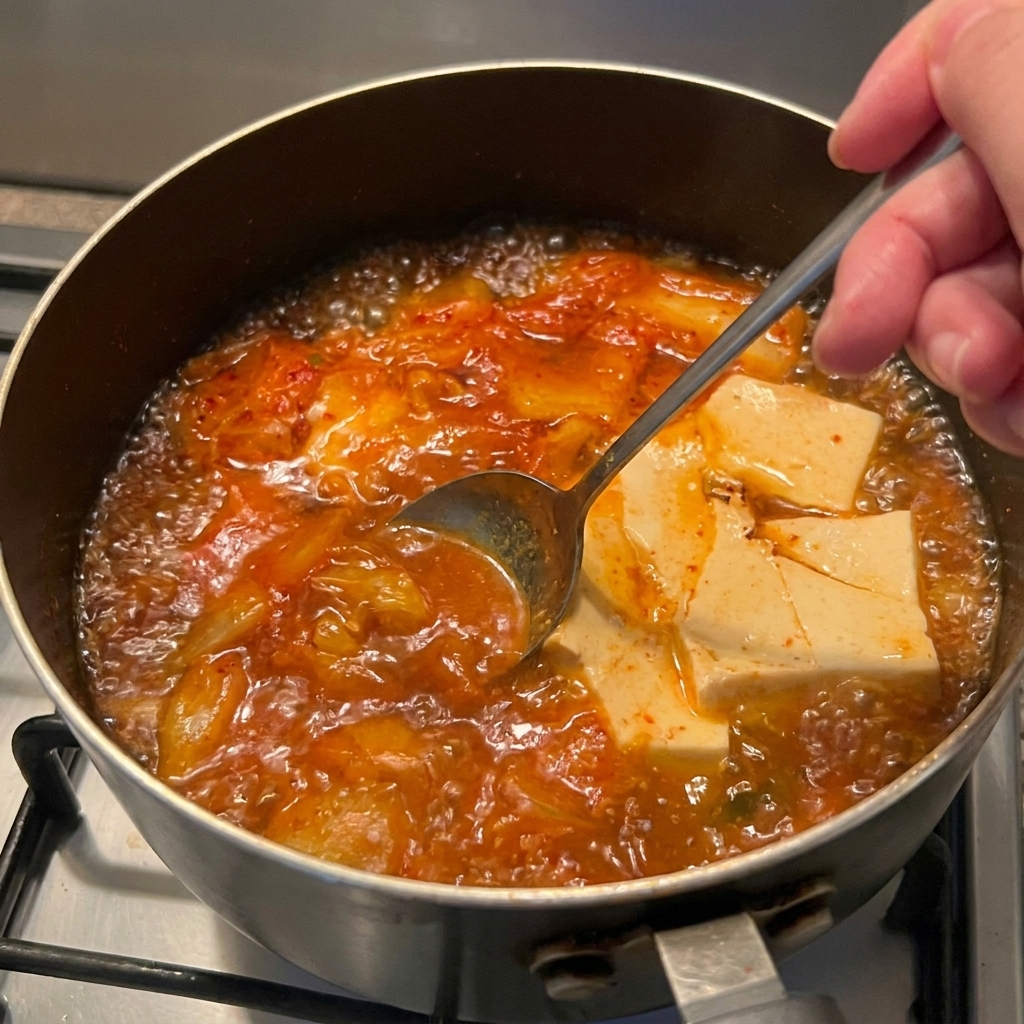 Una cuchara de metal mezclando pasta de chile roja en una sopa burbujeante de color naranja con tofu y kimchi.