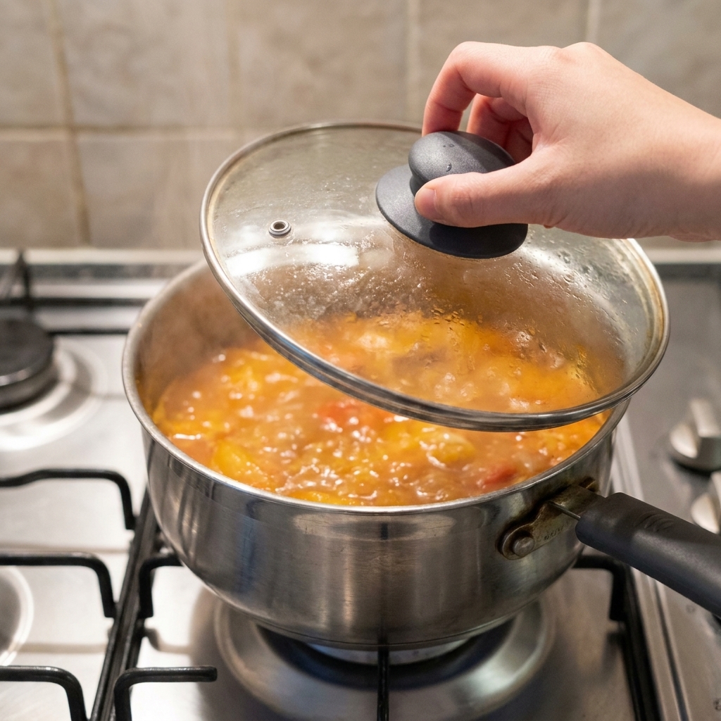 Una persona levantando la tapa de una olla, revelando una sopa de kimchi roja y burbujeante.