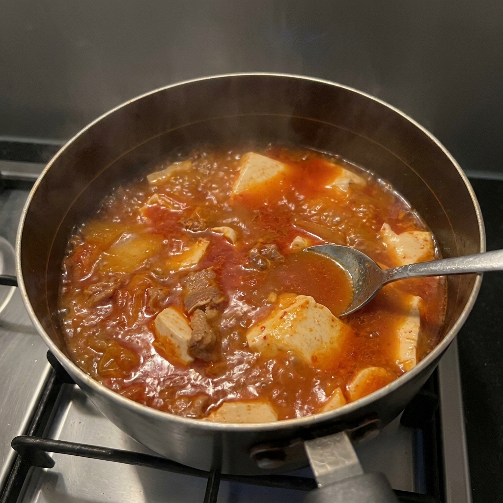 Una cuchara de metal sirviendo de una olla de sopa de kimchi con trozos de ternera y tofu suave.
