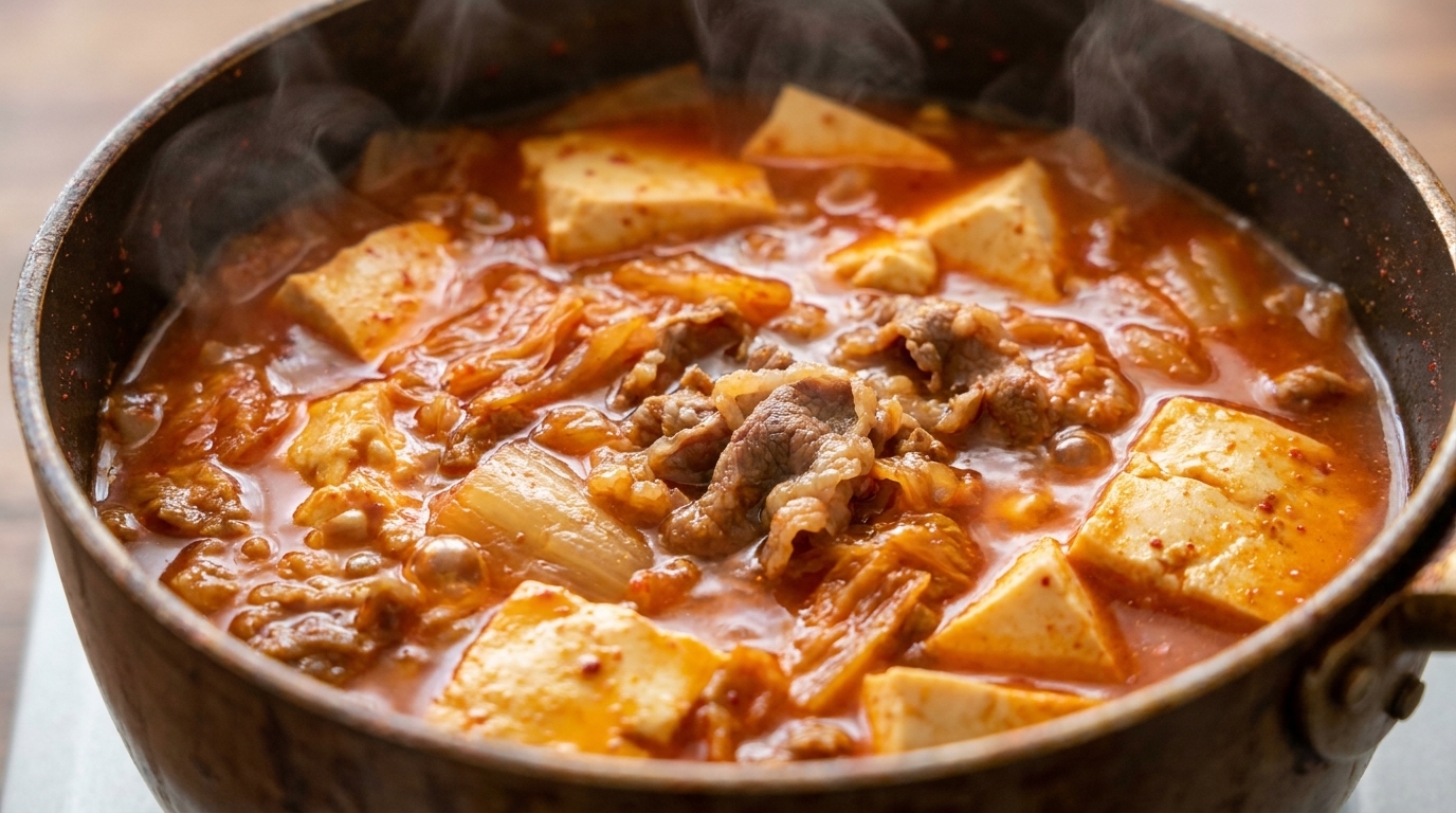 Sopa coreana de kimchi y tofu con ternera (Kimchi Jjigae fácil)