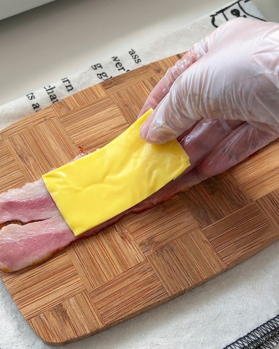 Una mano con guante de plástico colocando una lámina de queso sobre una tira de bacon crudo en una tabla.