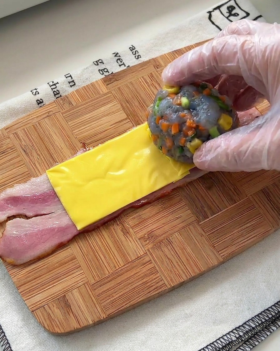 Una mano con guante colocando una bola de pasta de gambas con verduras sobre el queso y el bacon.