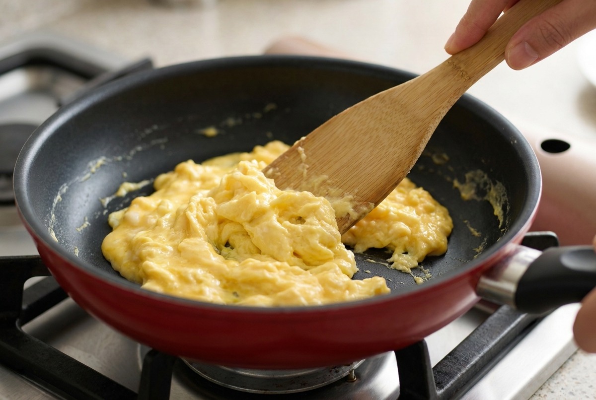 Una espátula de madera doblando huevos revueltos parcialmente cuajados en una sartén antiadherente.