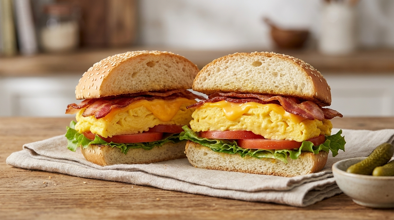 Hamburguesa gourmet de huevo revuelto con queso y tocino crujiente