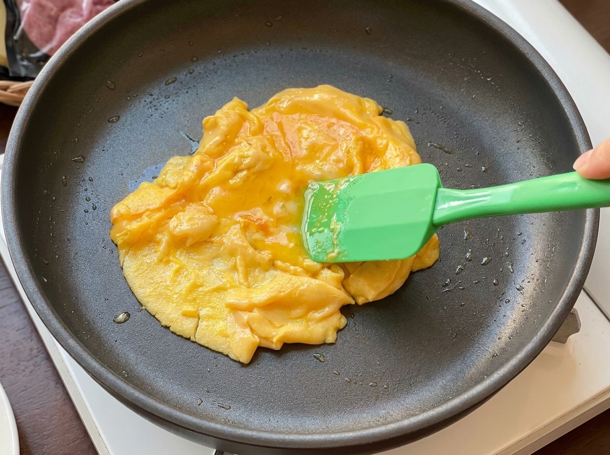 Una espátula levantando huevos revueltos tiernos de una sartén antiadherente.