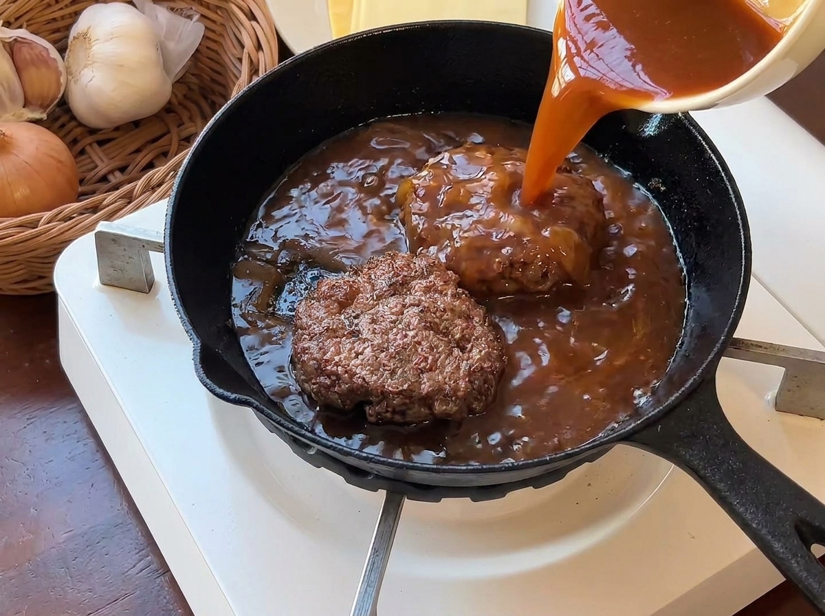 Salsa espesa marrón vertiéndose sobre las hamburguesas doradas en una sartén negra.
