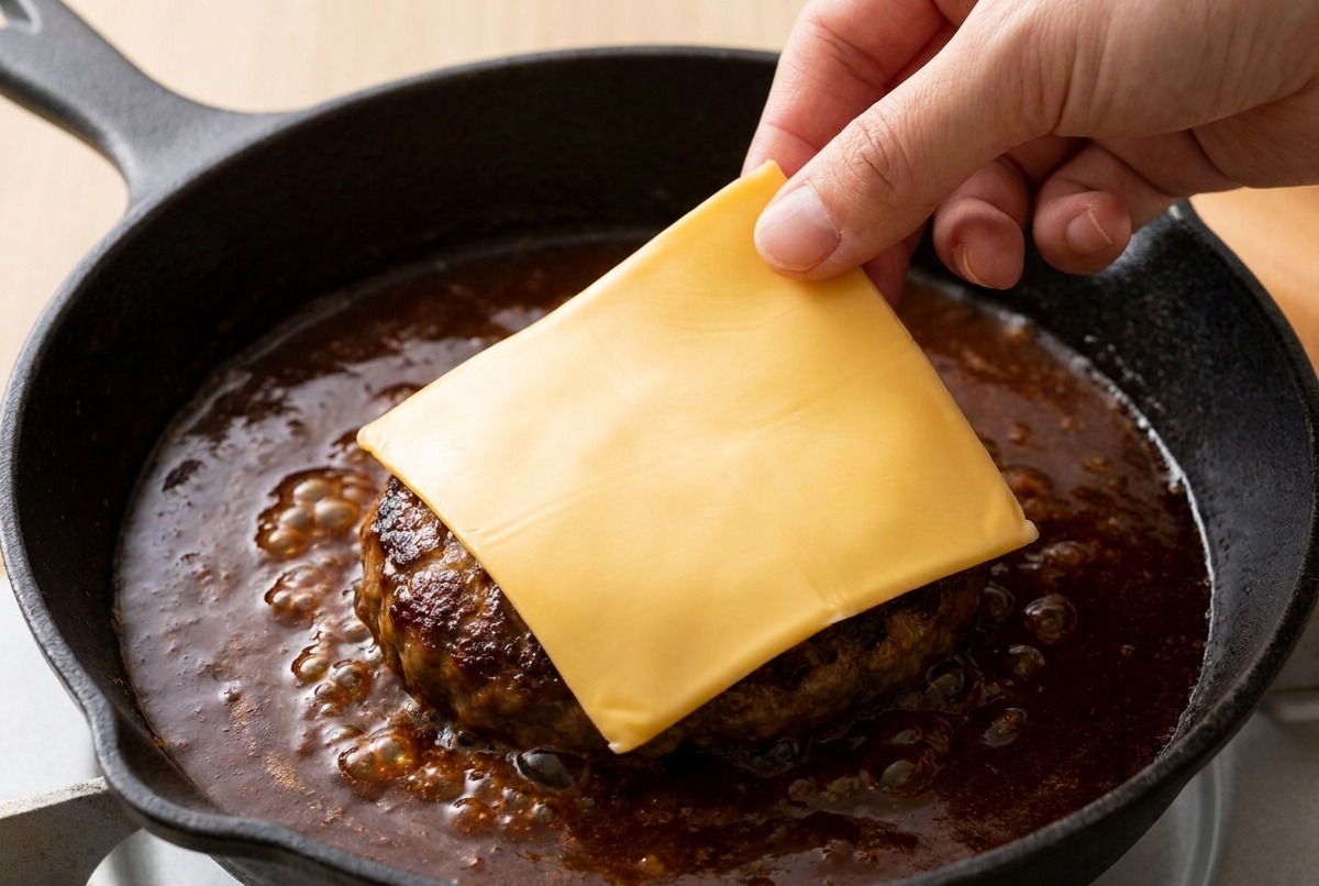 Una mano colocando una loncha de queso sobre una hamburguesa que se cocina en salsa.