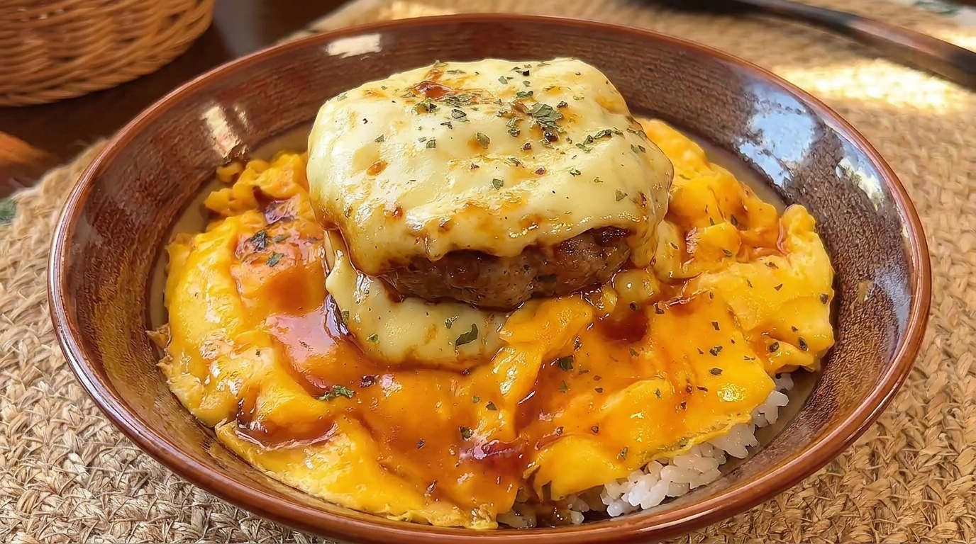 Bowl de Hamburguesa Japonesa con Queso y Huevos Sedosos