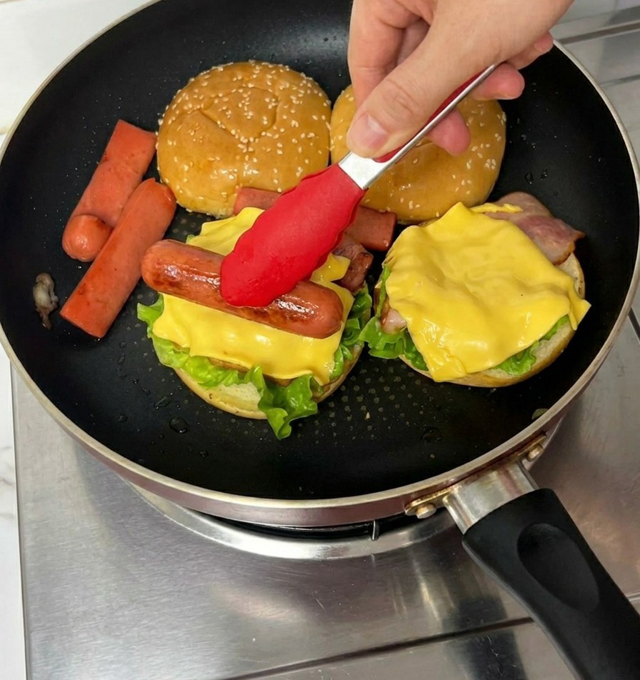 Pinzas rojas colocando una salchicha de hot dog a la plancha sobre una loncha de queso amarillo en una hamburguesa dentro de una sartén.