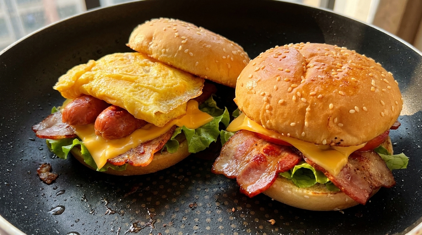 Hamburguesa de Desayuno con Tocino, Huevo y Salchicha Casera