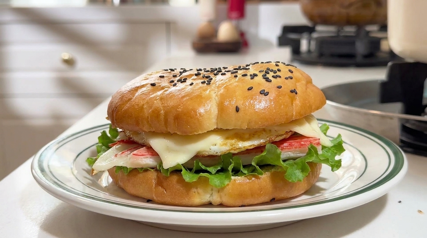 Hamburguesa de Pancake de Mantequilla con Huevo y Cangrejo