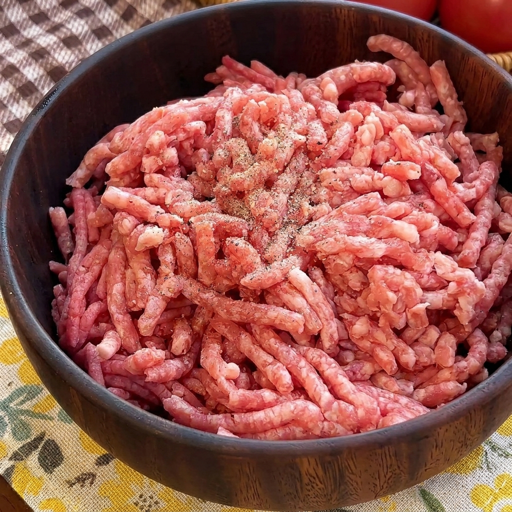 Pimienta negra y sal sobre un montón de carne picada cruda en un bol de madera.