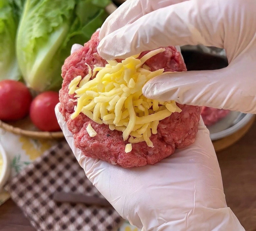 Una mano con guante sosteniendo una porción de carne con un montón de mozzarella rallada encima.