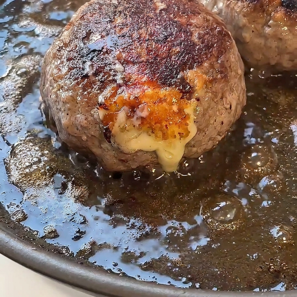 Primer plano de la carne dorada burbujeando en la sartén con queso fundido asomando por un lado.