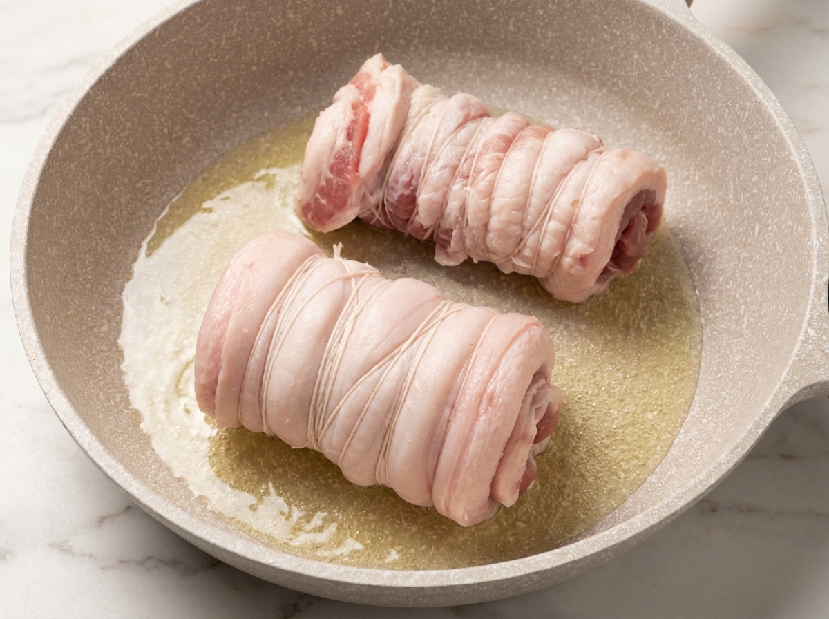 Dos rollos de panceta atados sellándose en una sartén con aceite caliente hasta que están dorados por todos lados.